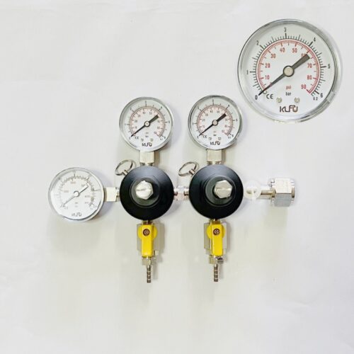 Primary Co2 regulator double body regulator barb 1/4" outlet.